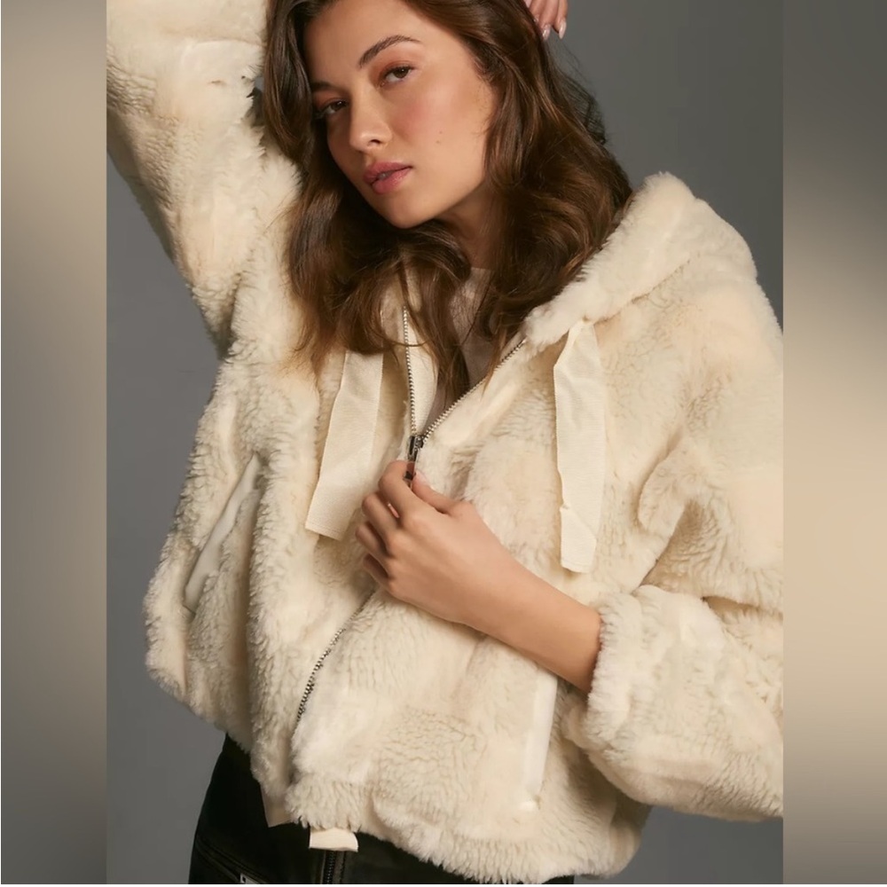 By Anthropologie Cropped Faux Fur Hooded Jacket NWT L